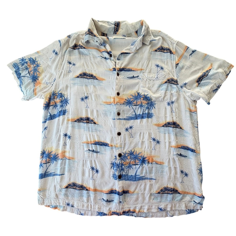 Caribbean Hawaiian Button Shirt Mens XLT Blue White Tropical Coastal Vacation